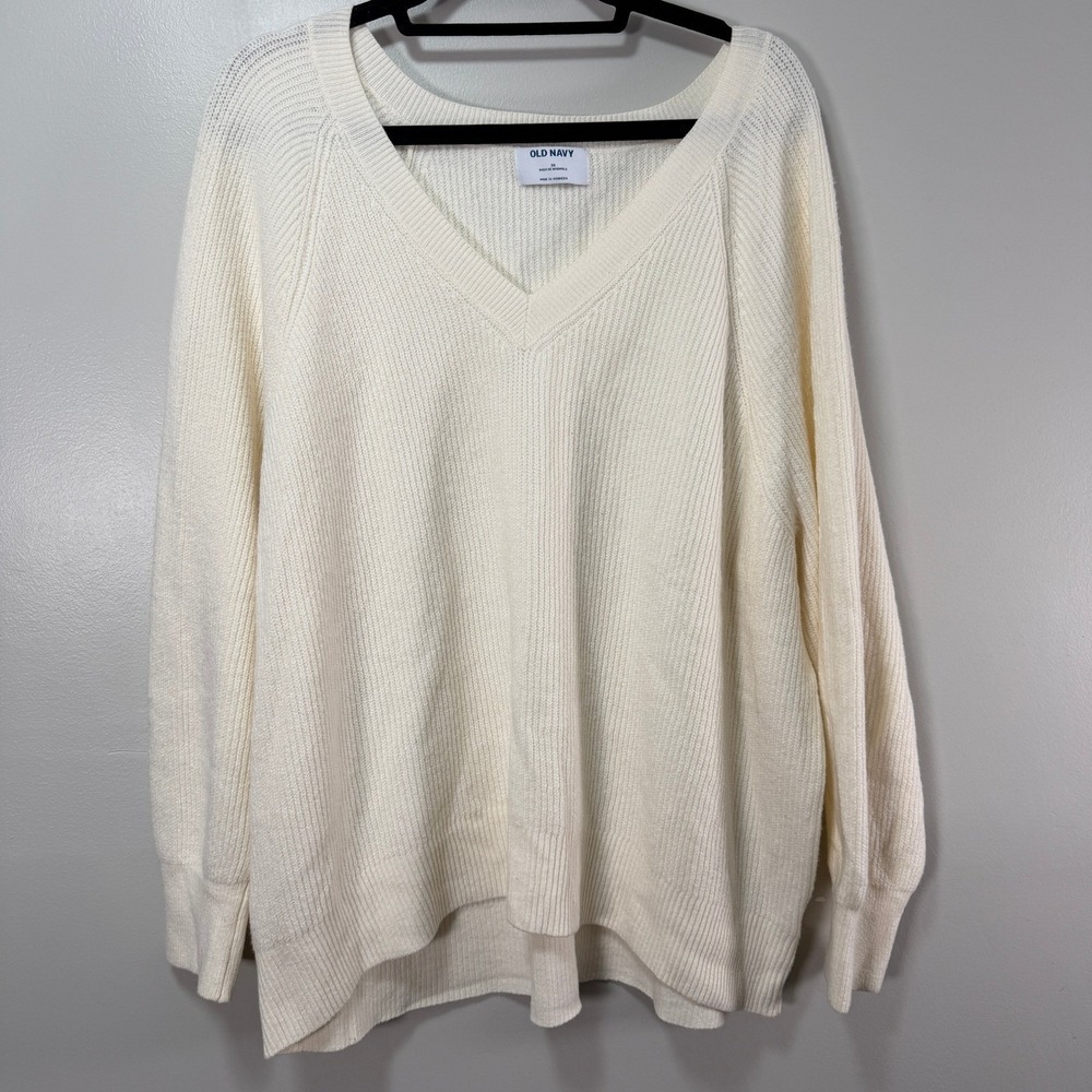 Old Navy Womens 3X Cream Ribbed V-Neck Raglan Long Sleeve Sweater